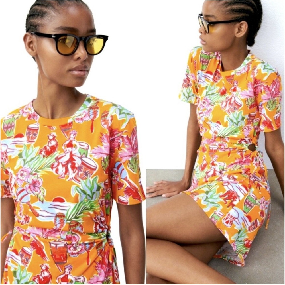 Zara Tropical Monkey Print T-Shirt Dress M Medium Orange Cotton Ruched NWOT‎
